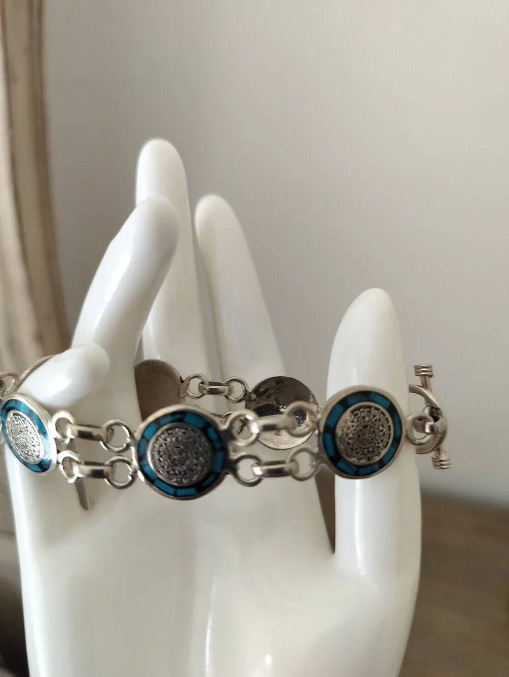925 Mexican Sterling Silver Blue Enamel Link Bracelet